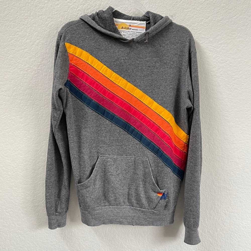 Aviator Nation Gray Hoodie with Red, Orange, and Blue Stripes